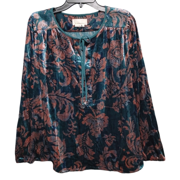 Anthropologie Faustine Blue Pink Velvet Peasant Blouse Women's Size Large NWT - Picture 6 of 15